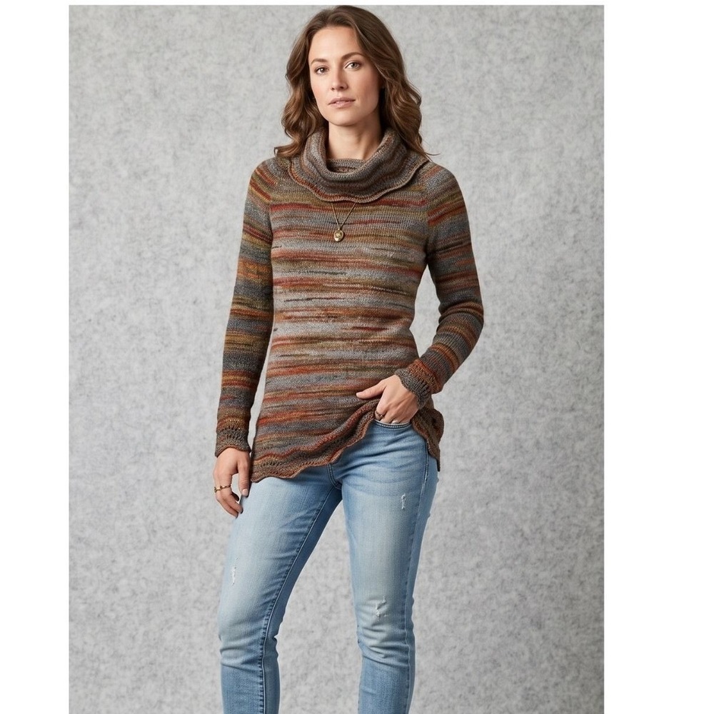 Boho Tunic Sweater Womens MEDIUM Spacedye Striped Fall Rustic Cowl ROYAL ROBBINS